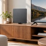Antenna TV da interno piatta accanto al televisore in soggiorno