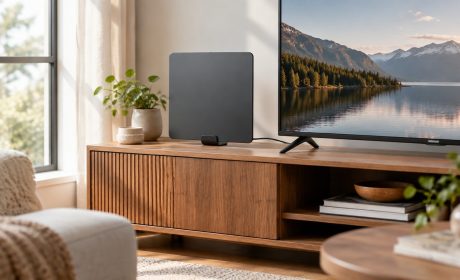 Antenna TV da interno piatta accanto al televisore in soggiorno