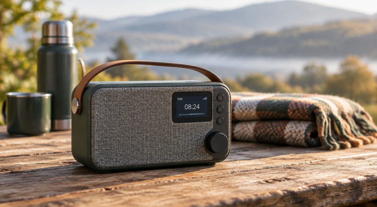 Radiolina portatile DAB+ su un tavolo di legno all'aperto