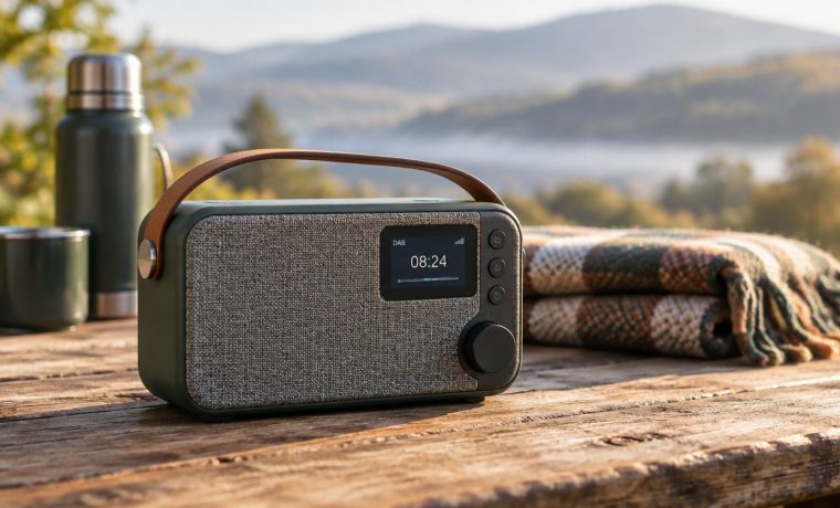 Radiolina portatile DAB+ su un tavolo di legno all'aperto