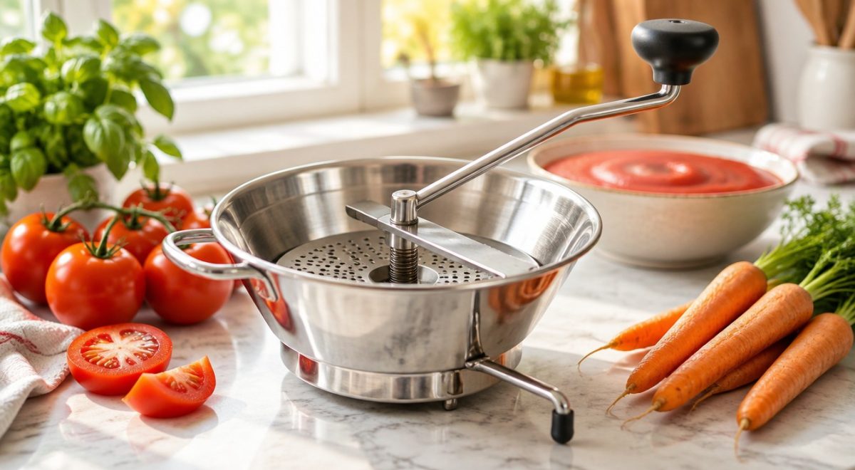 Passaverdure manuale in acciaio inox su piano cucina con pomodori freschi