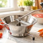 Passaverdure manuale in acciaio inox su piano cucina con pomodori freschi