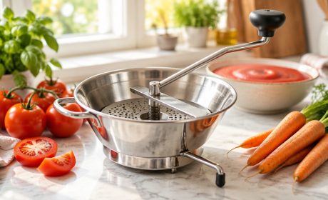 Passaverdure manuale in acciaio inox su piano cucina con pomodori freschi