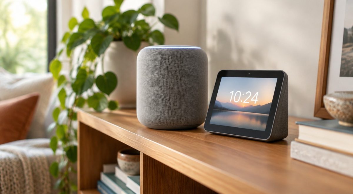 Smart speaker e smart display con Alexa su una mensola del soggiorno