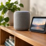 Smart speaker e smart display con Alexa su una mensola del soggiorno