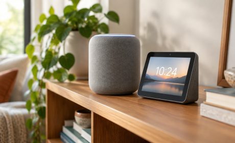 Smart speaker e smart display con Alexa su una mensola del soggiorno